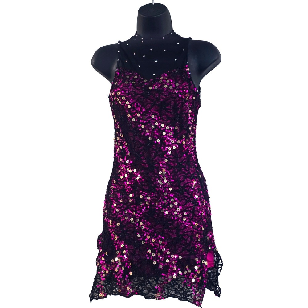Reverence Dance Costume Unitard Magenta Black Lace Sequin Rhinestone Large LG